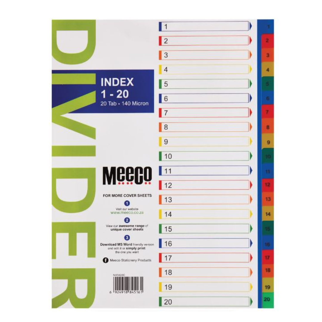 Dividers A4 Meeco PVC 1-20 Printed