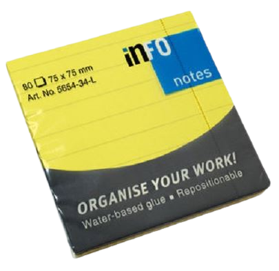Note Pad 75x75mm Info Sticky Lined Yellow