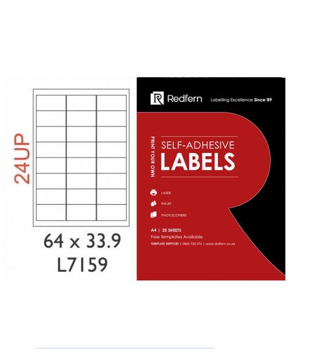 Labels A4 64x33.9mm Redfern Laser L7159 24 up 25's